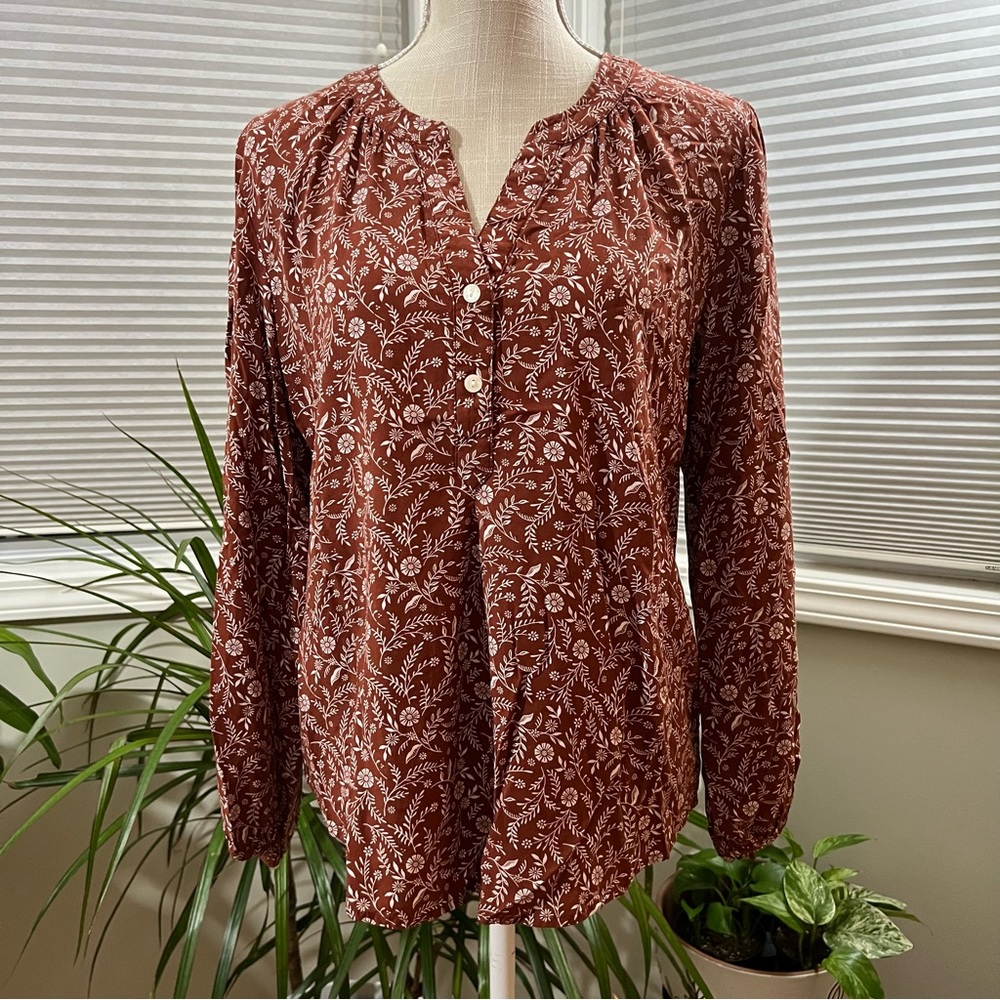 Old Navy L/S Open Neck Blouse Brown Floral Medium